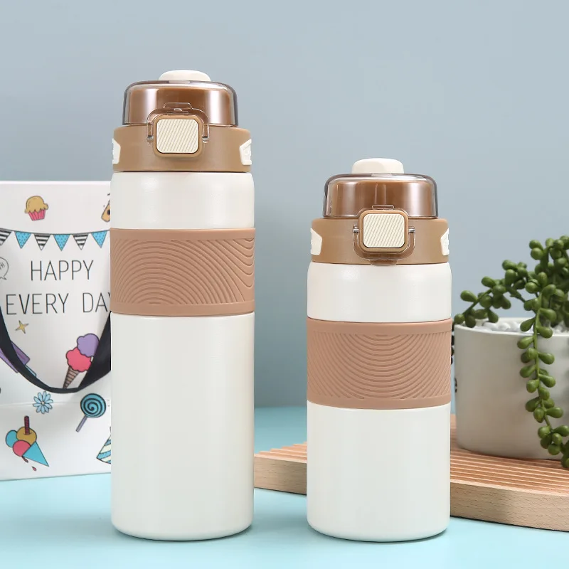600/800ml New 316 Stainless Steel Thermos with Straw Custom logo Simple Portable Bullet Vacuum Cup Insulated Leather