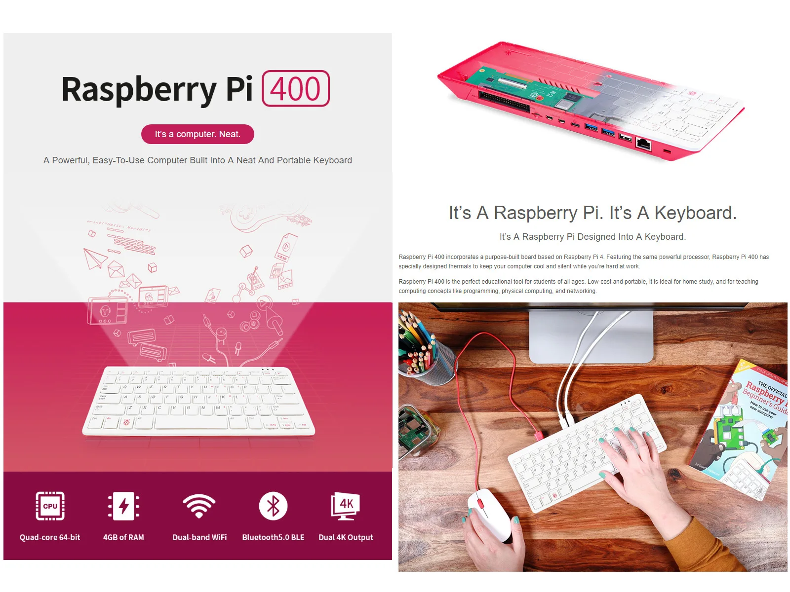 Keyboard Type Raspberry Pi 400 Personal Computer Kit Desktop Kit With 4K Video Playback