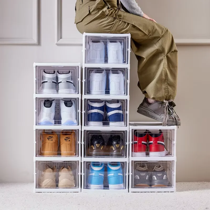 JUMEIJIA Hot sale Foldable Shoe Cabinet with Lids plastic Shoe Rack Collapsible Stackable Clear Shoes Storage Boxes with Door