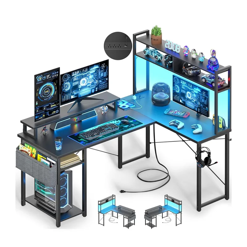 Home Office Desks with Storage Bag LED Computer Desk Monitor Stand Storage Shelf Corner Gamer Small L Shaped Gaming Desk