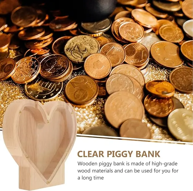 Wholesale Custom Creative Transparent wooden piggy bank heart-shaped cash box on the desk, living room For Kids