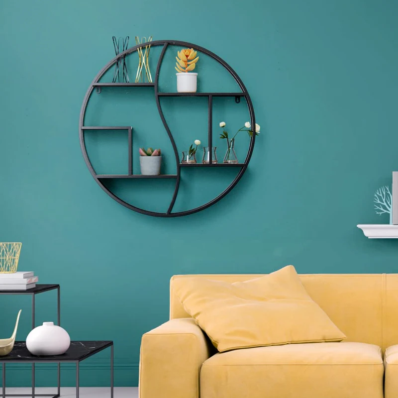 Wood and Metal Hanging Decorative Tiered kitchen  rack  wall floating wire circle wall shelf