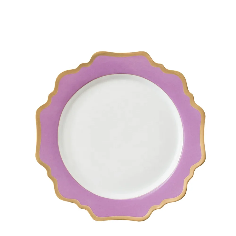 nordic luxury wedding party purple sunflowers  decoration wholesale ceramic charger plate with gold rim porcelain dinnerware
