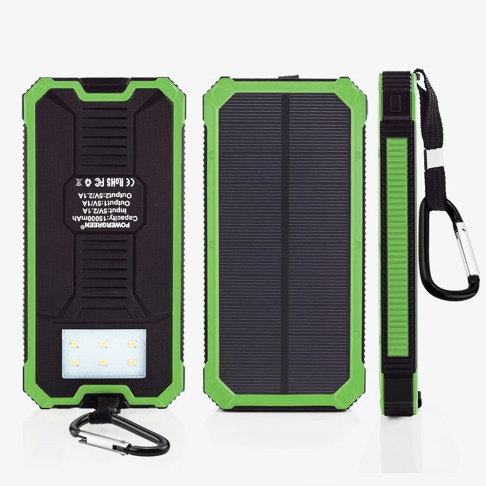 Быстрая зарядка 15000mAh Солнечное зарядное устройство на солнечной батарее Дополнительный внешний аккумулятор с мощным фонариком, внешним аккумулятором, совместимый с мобильным телефоном