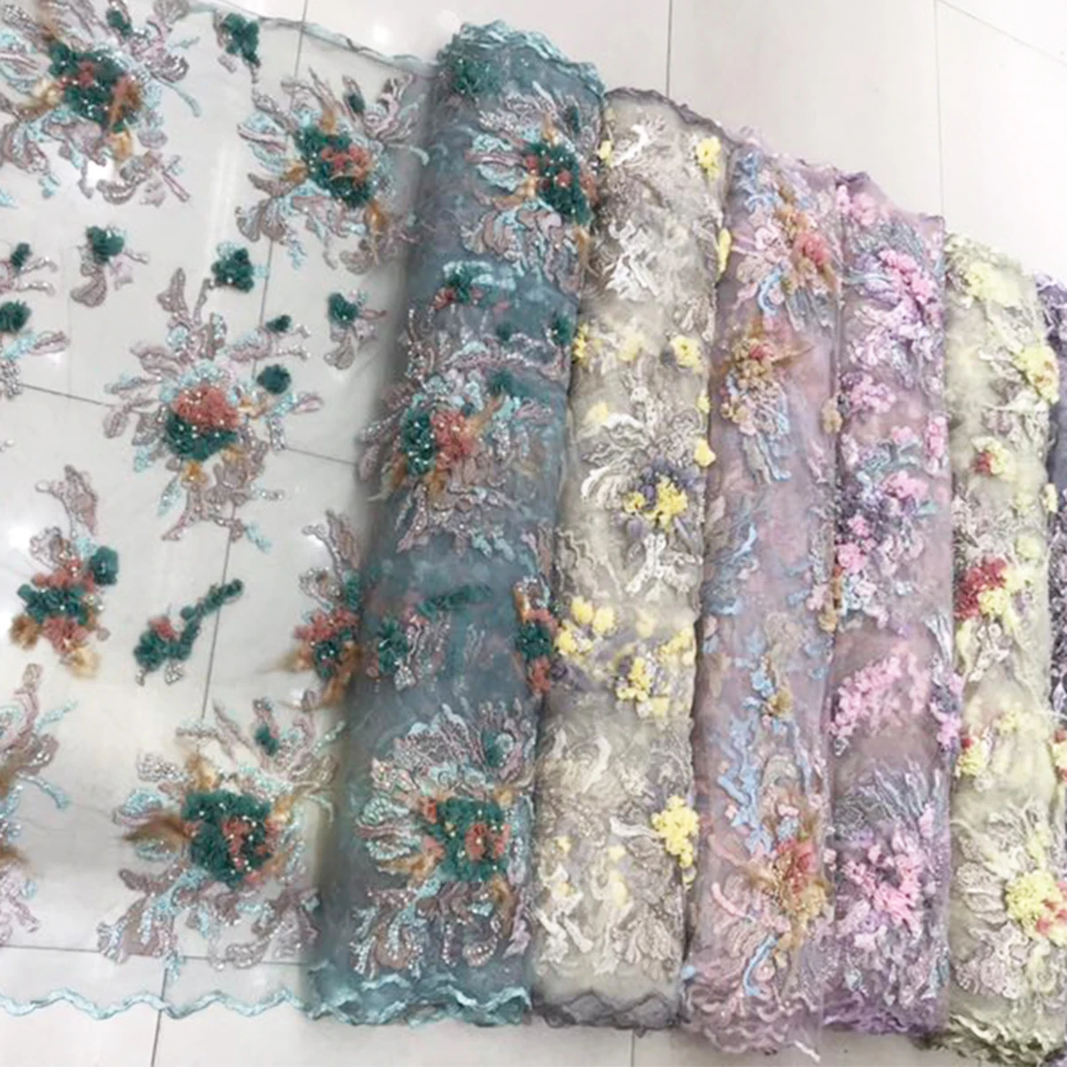 Elegant Yellow 3D Handwork Flowers Embroidery Designs Beaded Fabric Wholesale Price Beautiful French Sequins Clothing Lace Tulle