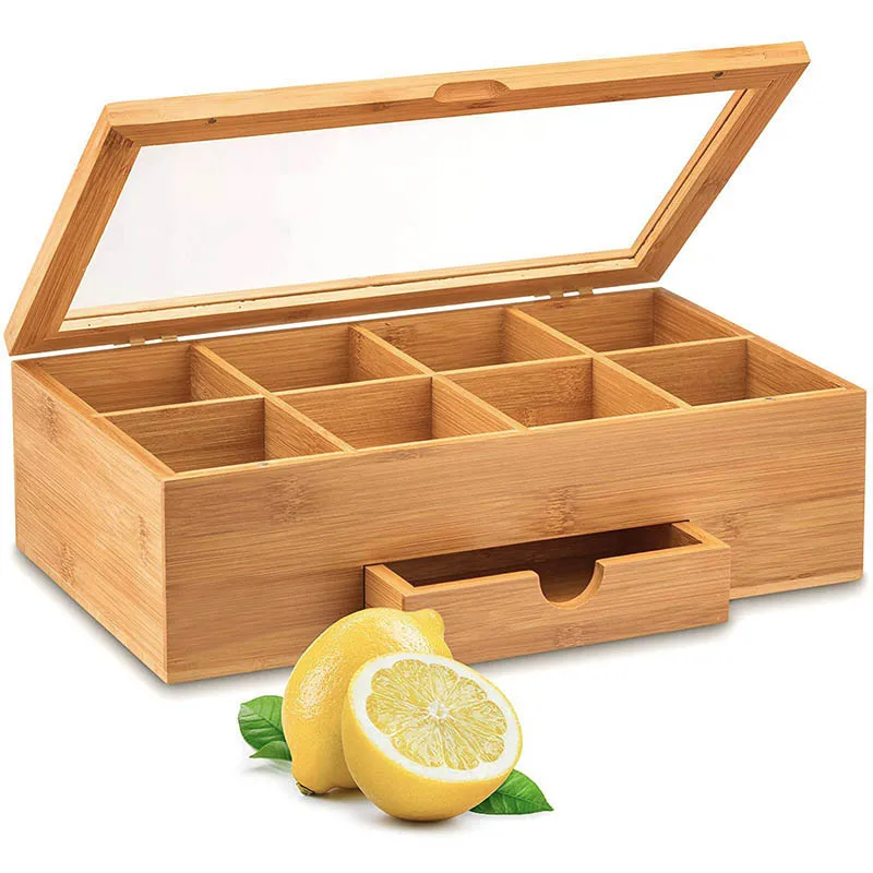 Wholesale reusable eco friendly tea storage box transparent display tea coffee wood bamboo box