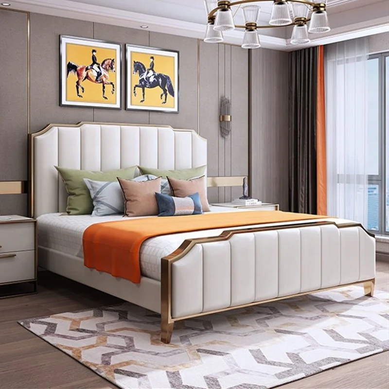 Modern Bedroom Light Luxury leather storage bed  Italian Luxury Bedroom Furniture Leather Velvet Bed Queen King Size