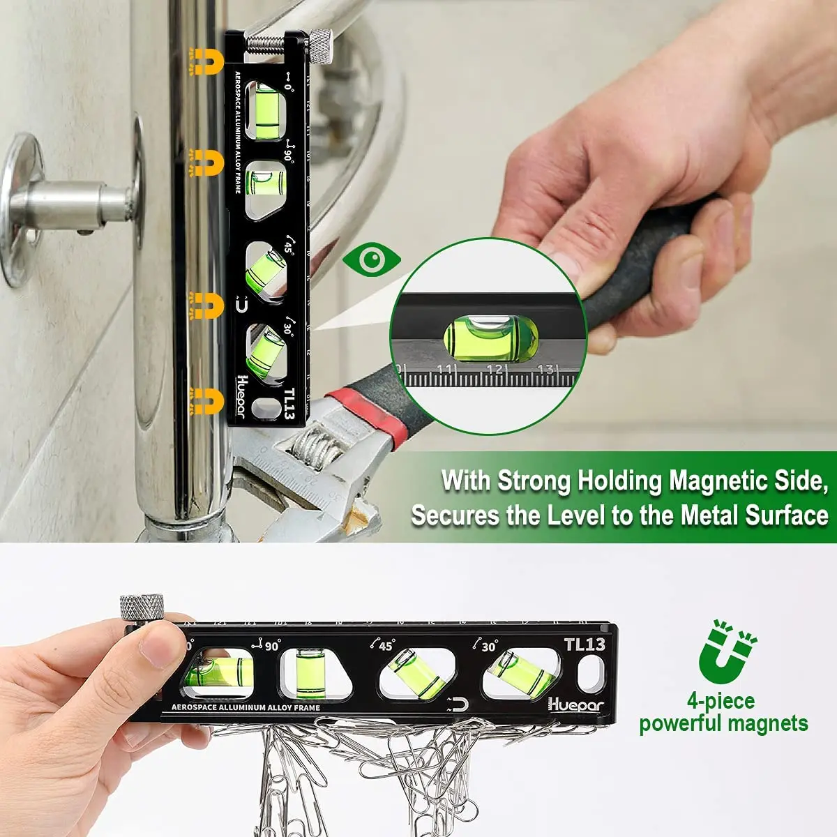 Huepar Torpedo Level, Magnetic Conduit Level with 4 Vials, 6.2 inch Aluminum Alloy Construction Spirit Level