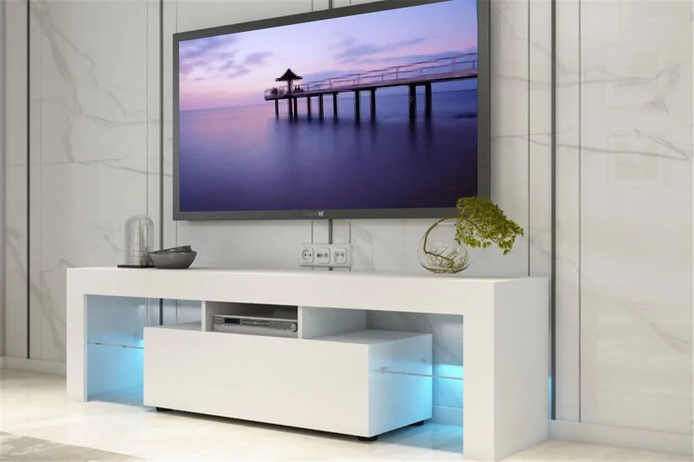 
200CM TV Stand Cabinet LED Light High Gloss with Storage Cupboards & Glass Shelf Living Room Furniture 