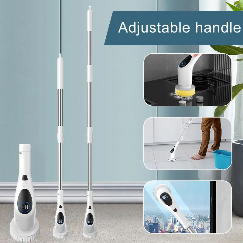 Multifunctional Electric Spin Scrubber Bathroom Cleaning Brush With 9 Replacement Brush Heads and Extension Handle