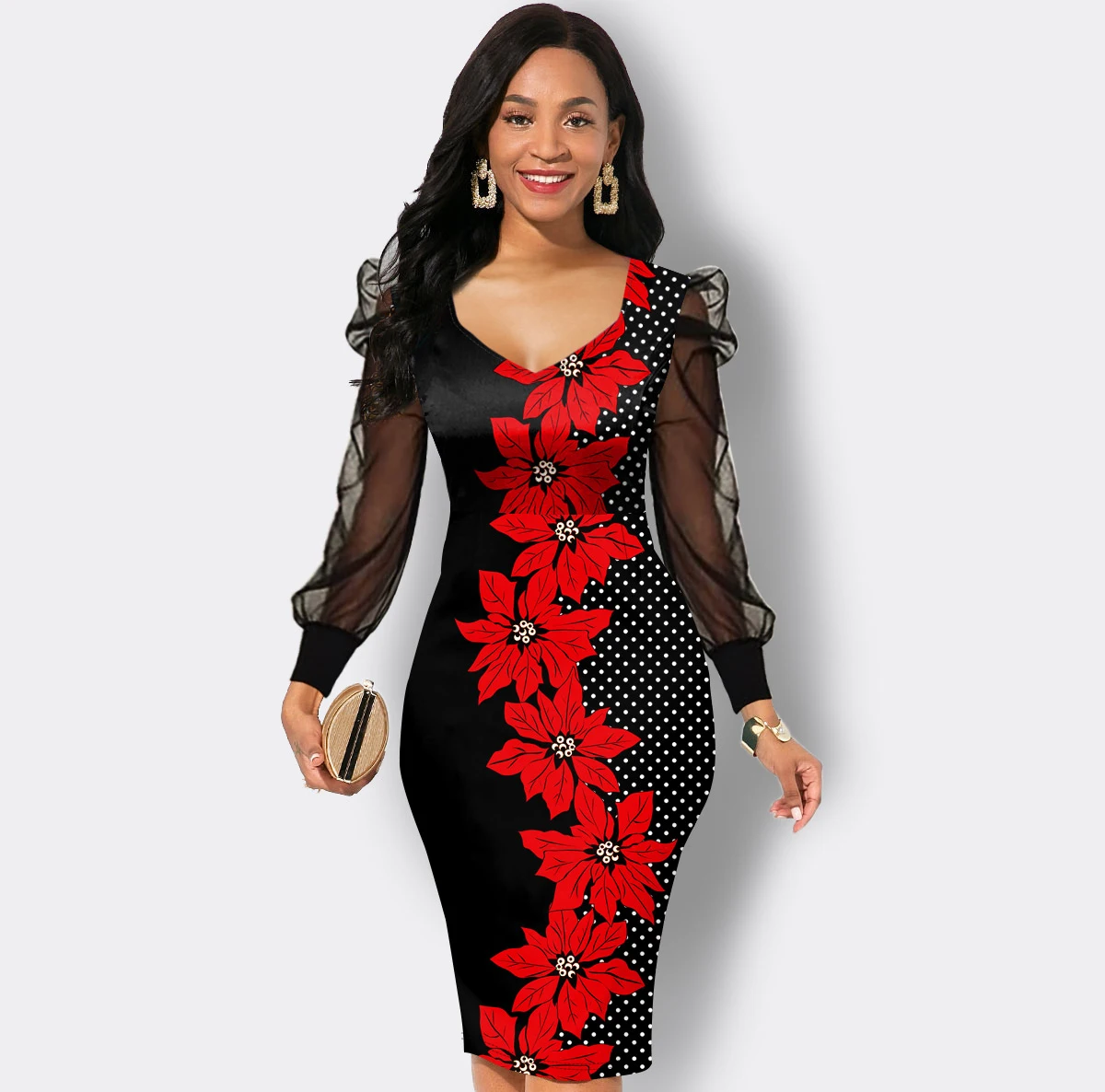 Mesh Sleeve Floral Print Sheath Dress Casual korean modern Dress