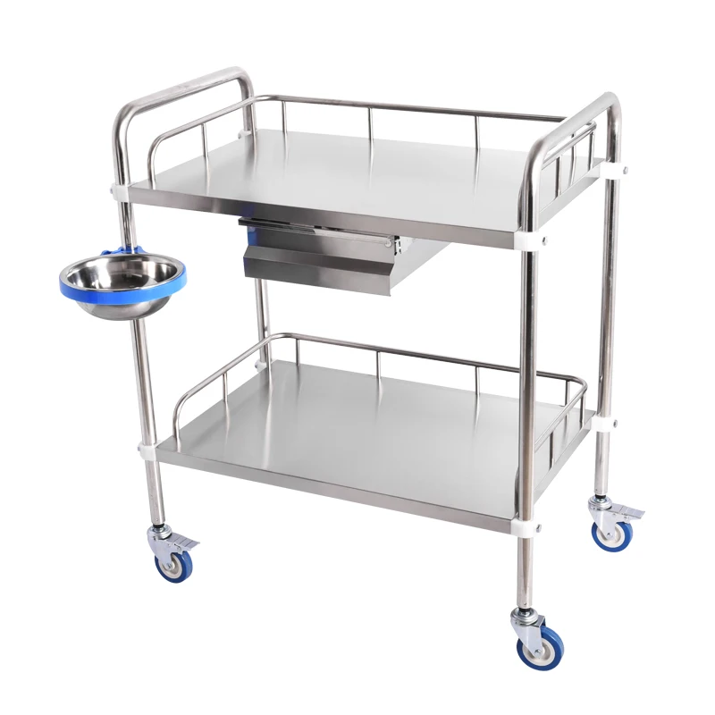 Hospital Emergency Instrument Patient Surgical Nursing Rolling Cart Stainless Steel Medical Trolley