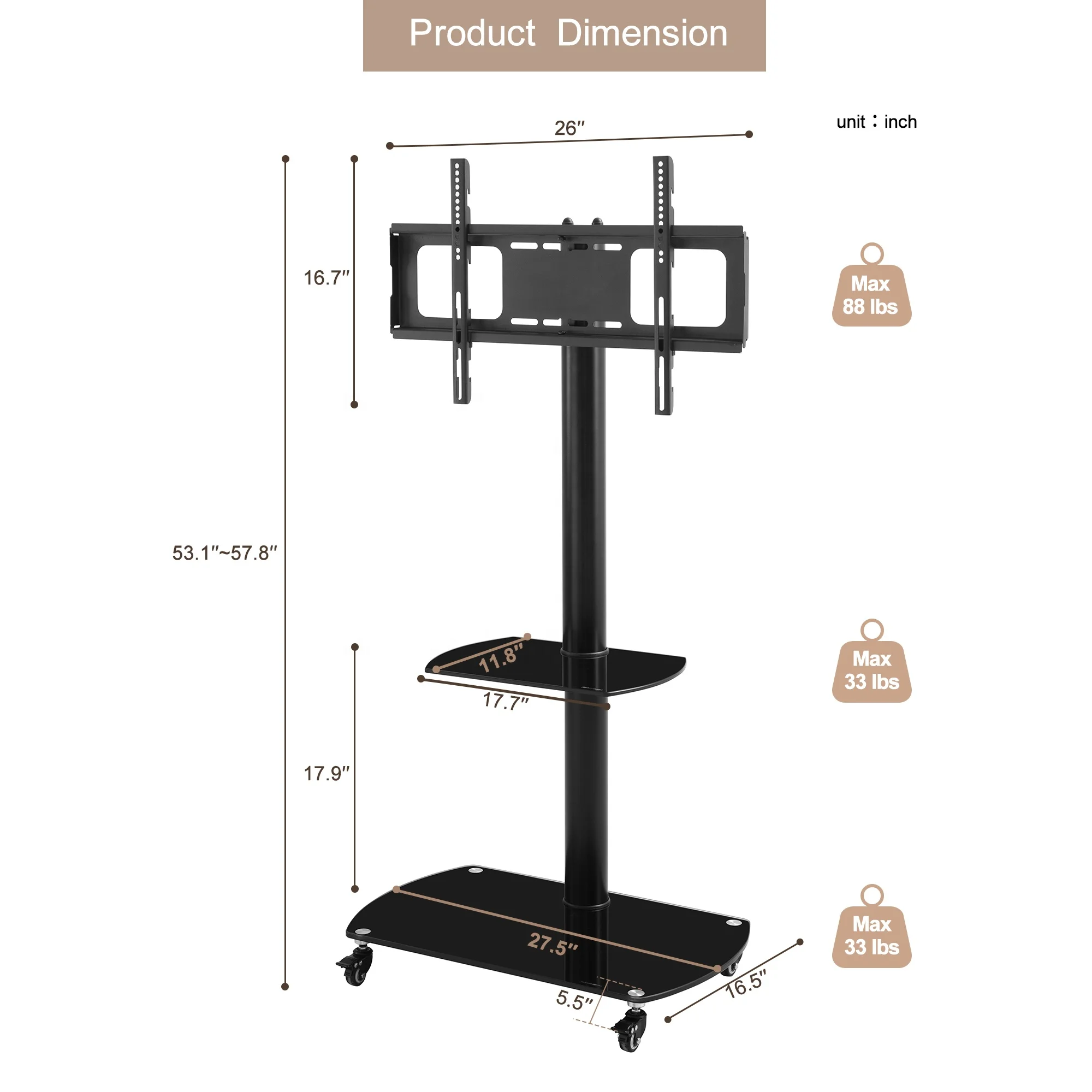 Swivel Monitor Support Removable Bracket iron and glass TV cart