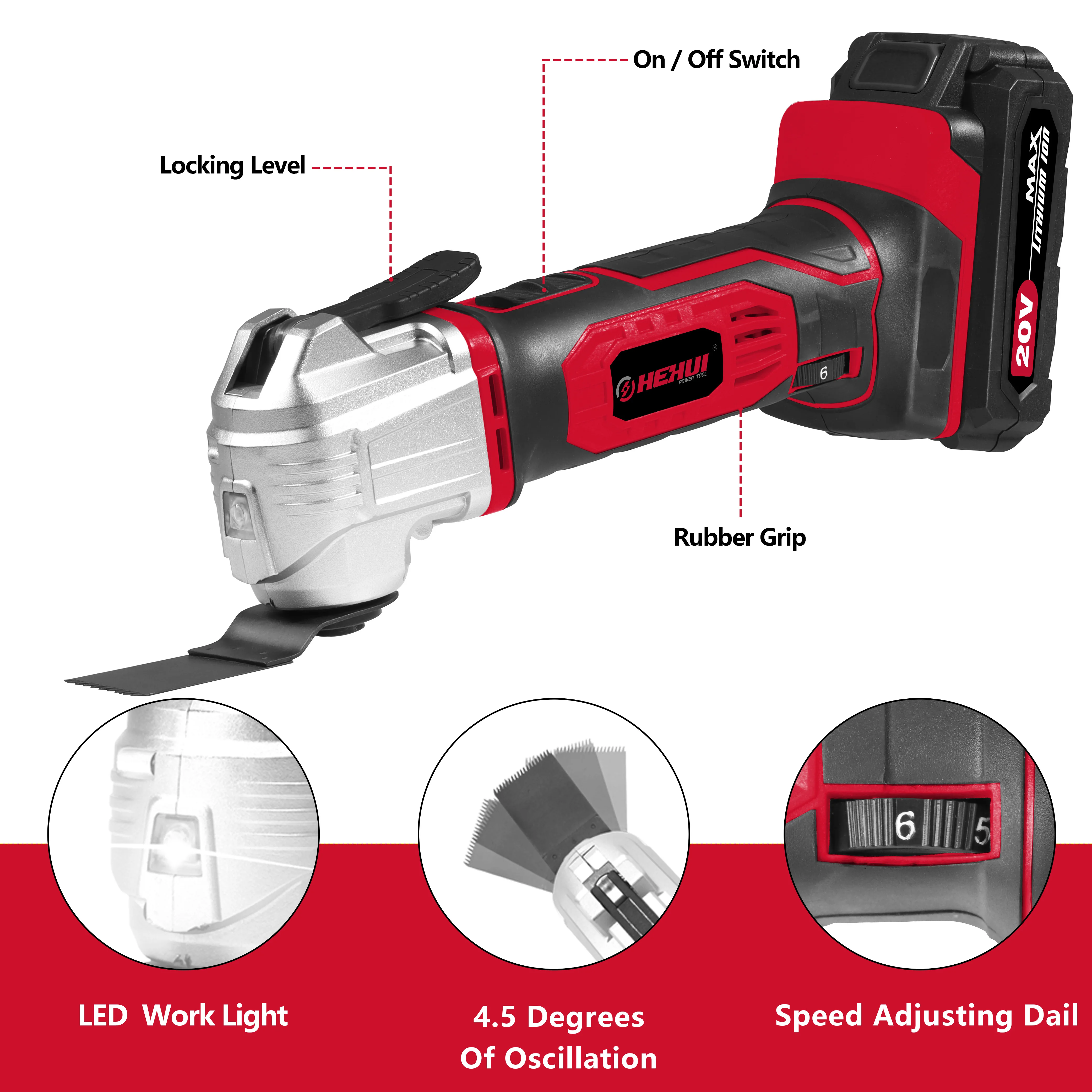 Hehui 20V Portable Oscillating Multi Tool Saw Blades Cordless Oscillating Knife Cutting Tools