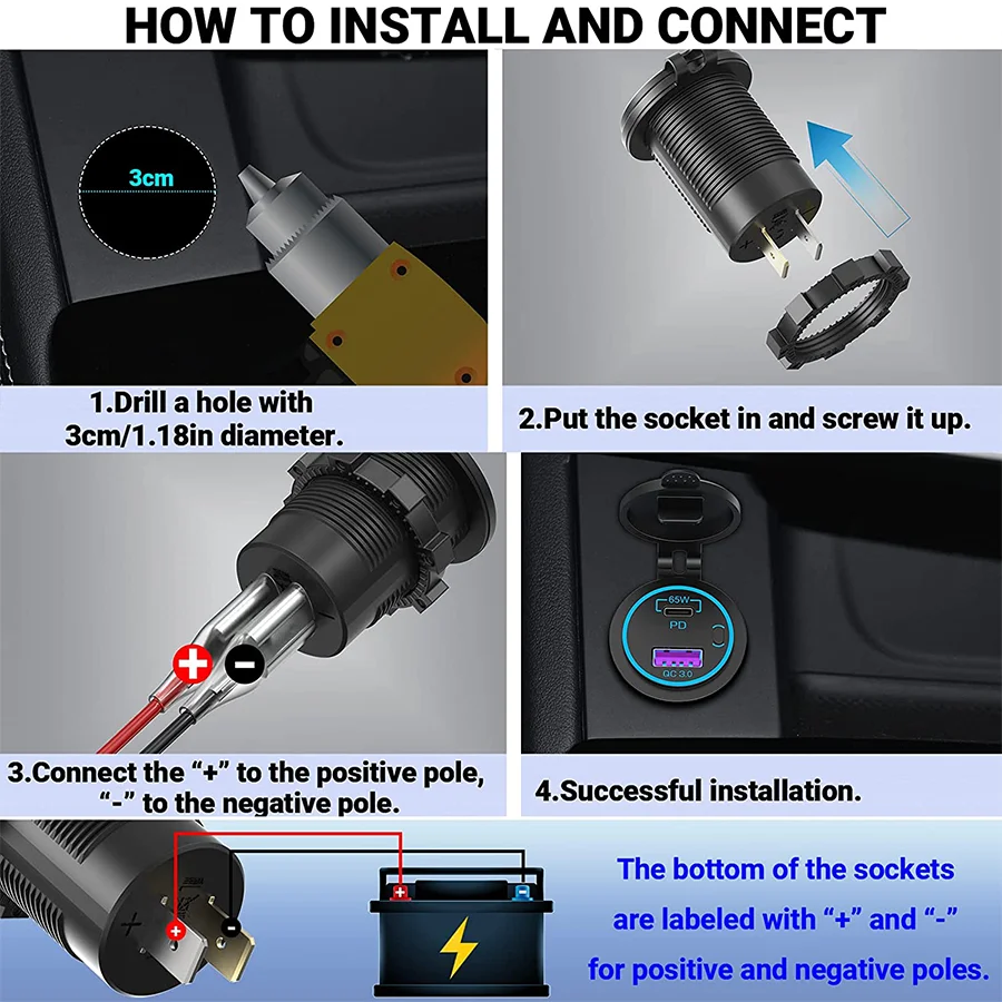 65W USB-C PD3.0 and 18W QC3.0 Multi Car USB Port 12V Socket