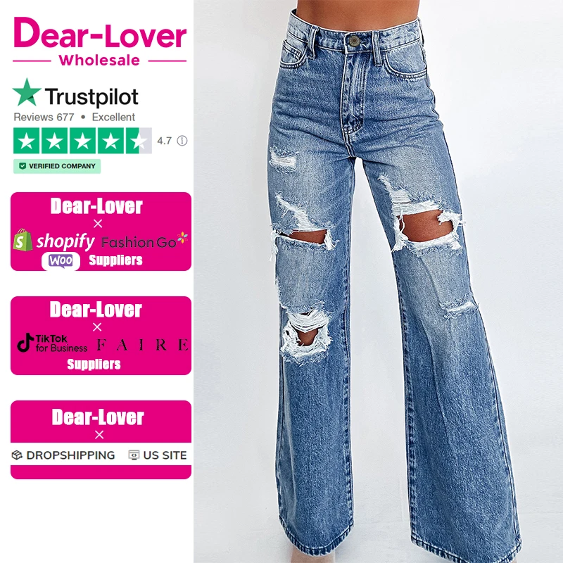 Dear-Lover Wholesale Ashleigh Blue Acid Wash Distressed Wide Leg High Waist Jeans Women