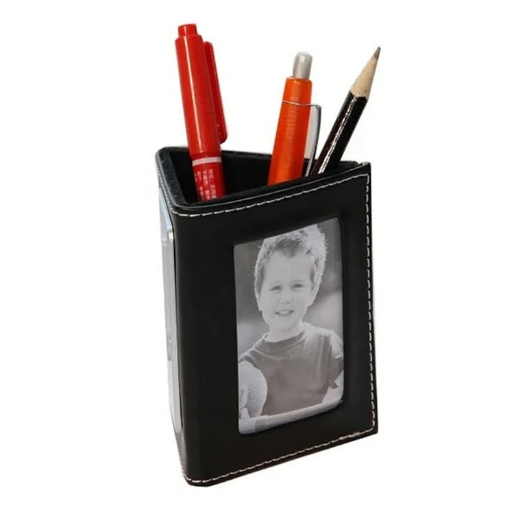 LG-B014D Triangle Prism PU Leather handmade customized Pen Holder With Clock / Photo Framed Pencil Case / Pen Cup