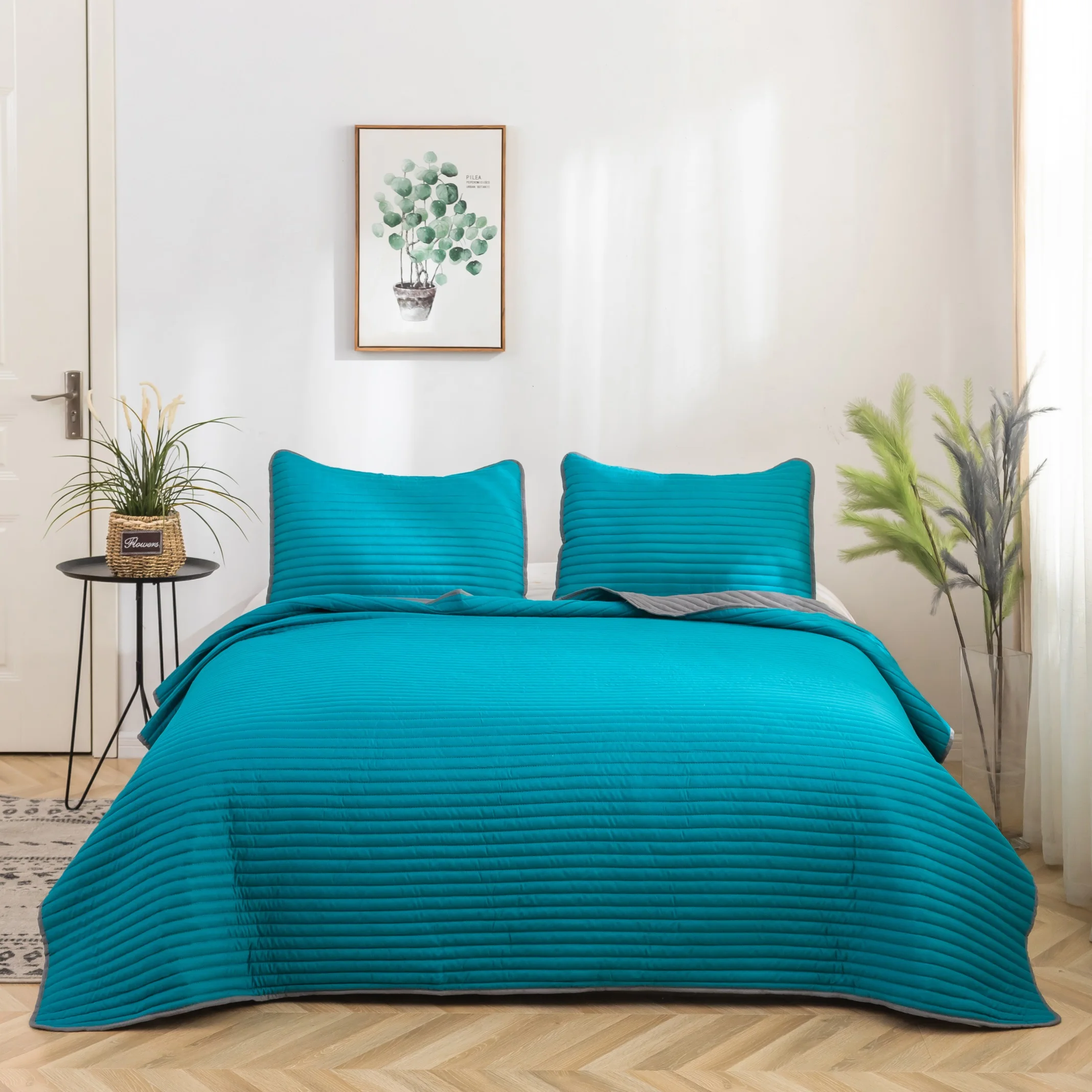 
MOHAP Good Quality Straight Line Ultrasonic Microfiber Quilt Set Dyed Bedspread Set 