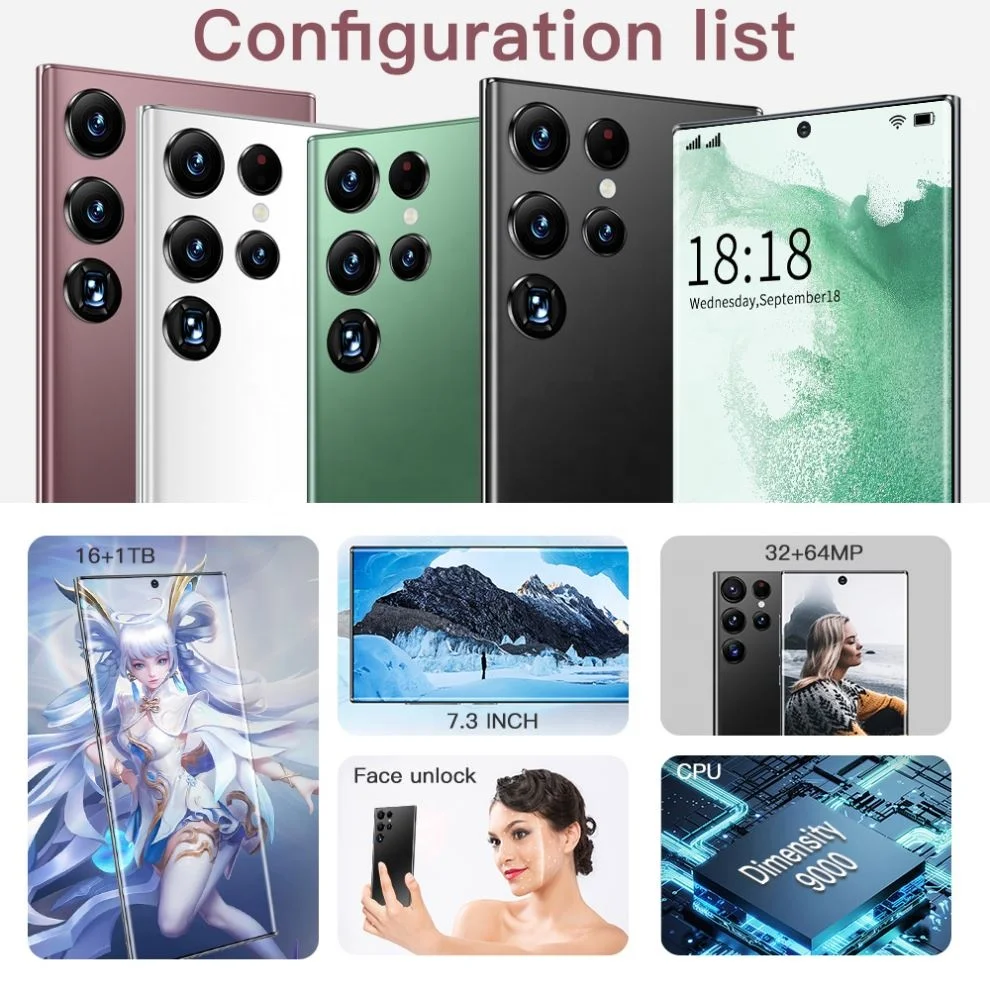Hot Selling S22 Ultra + Original 7.3 Inch 16gb+1tb 32mp+64mp Android 12.0 Gaming Phone 5g Mobile Phone Cell Phone Smartphone