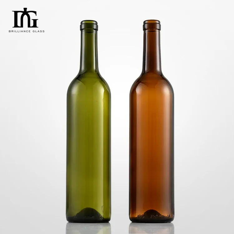 Recyclable wholesale 750ml glass wine bottle with silk mouth dark green red wine glass bottle liquor brandy glass bottle