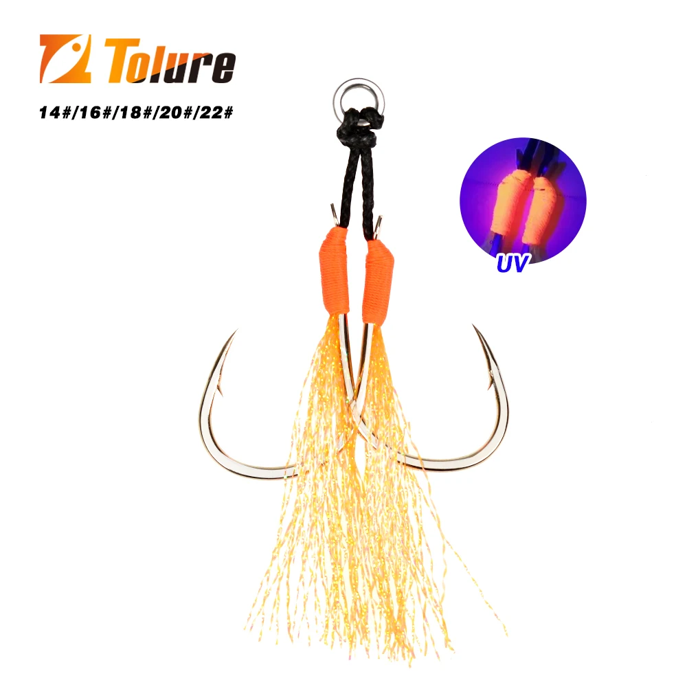 Tolure 13#-22# high carbon steel colorful UV pike assist hook with luminous tinsel fishing hooks Double Fishhook