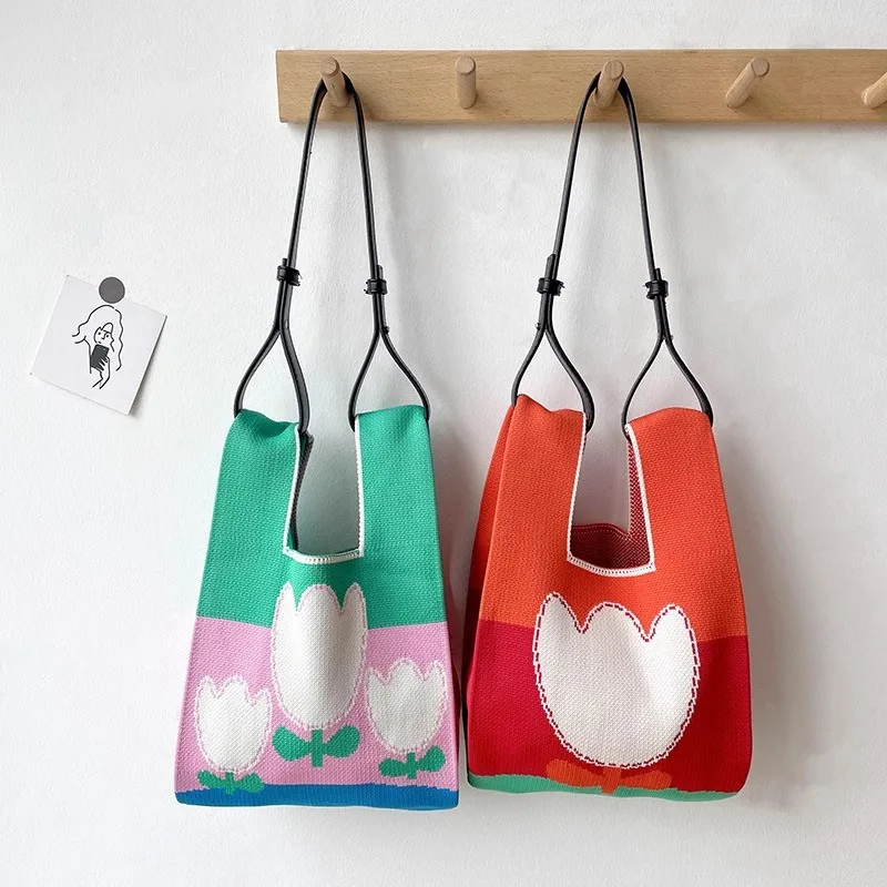 Japanese Knot Wristlet Bag Mini Floral Knitting Crochet Tote Bag Knitted Handbag for Women