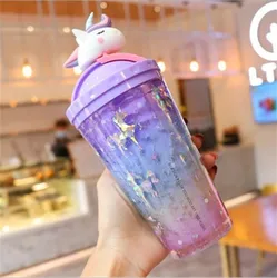Double Wall  Plastic Water Tumbler With Lid Summer Cute Unicorn Water Bottle With Straw