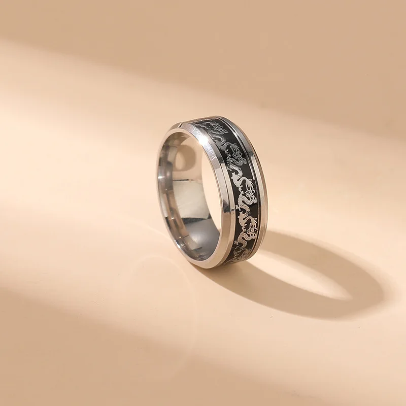 Wholesale Non fading Carbon Fiber Black Dragon Inlay Anillo Stainless Steel Tungsten Men Rings