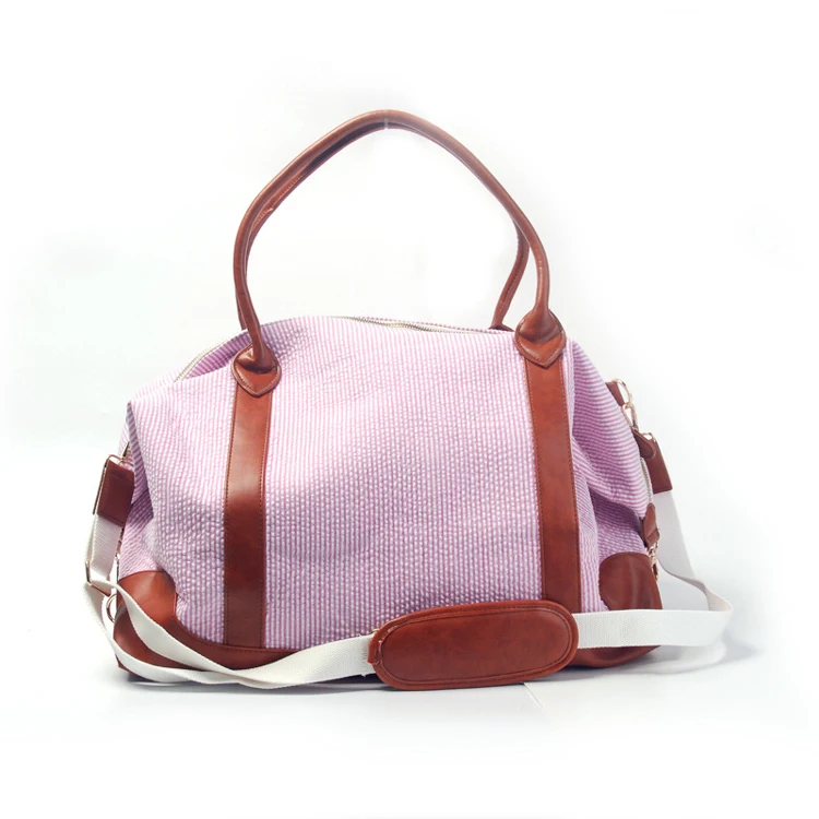 AZB193 2023 Light weight lady striped seersucker cotton weekend tote bag custom travel bag big weekend bag leather custom