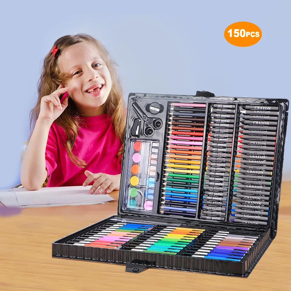 150 Pcs Kids Drawing Kit Children Painting Art Set Watercolored Pens Colored Pencil Oil Pastels Watercolor Paint  Art Box