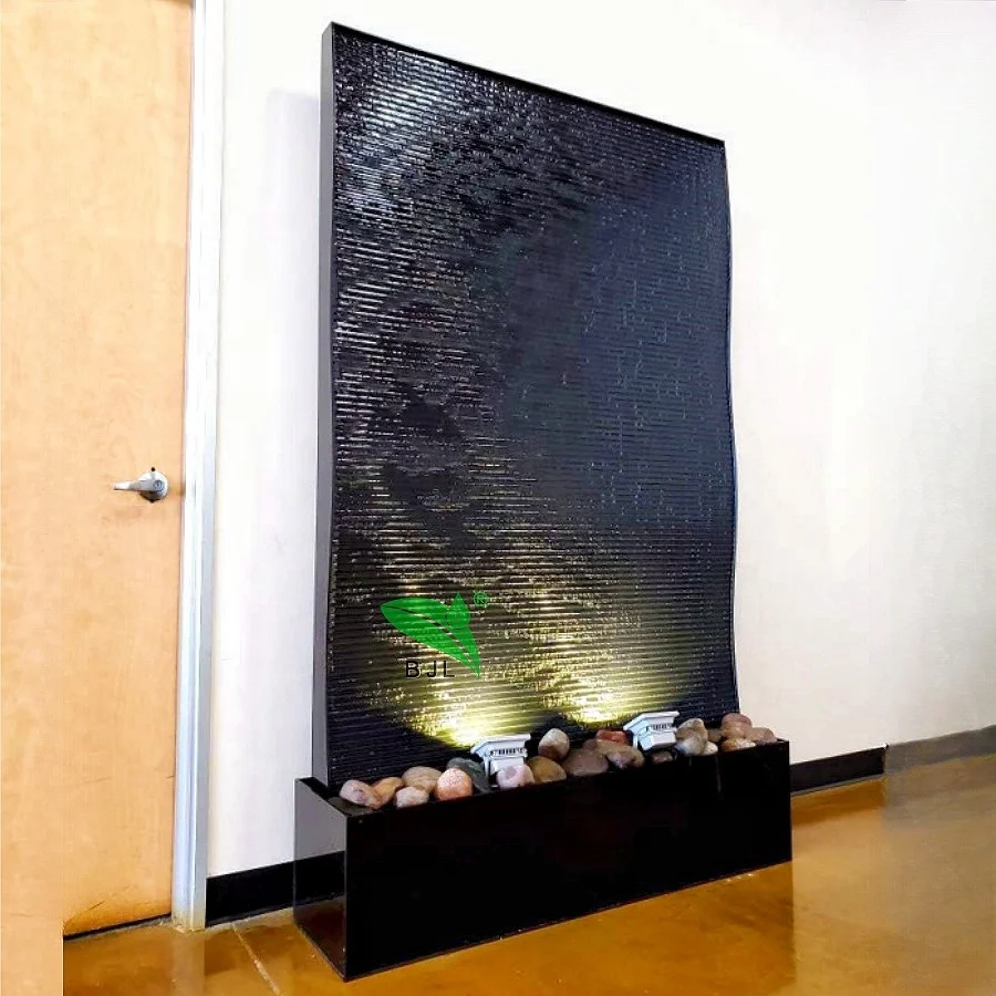 factory customized modern hotel restaurant garden decoration black acrylic waterfall water feature wall with light