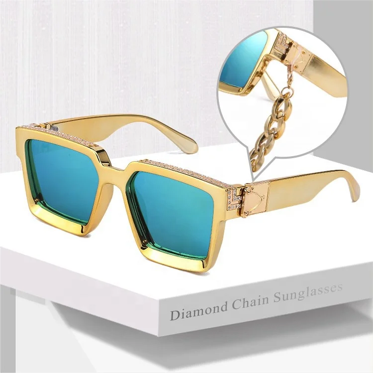 Luxury Rhinestone Diamond Chain Sunglasses For Women Man With Chain Gold Plated Frame Millionaire Sunglasses Sun glasses Shades