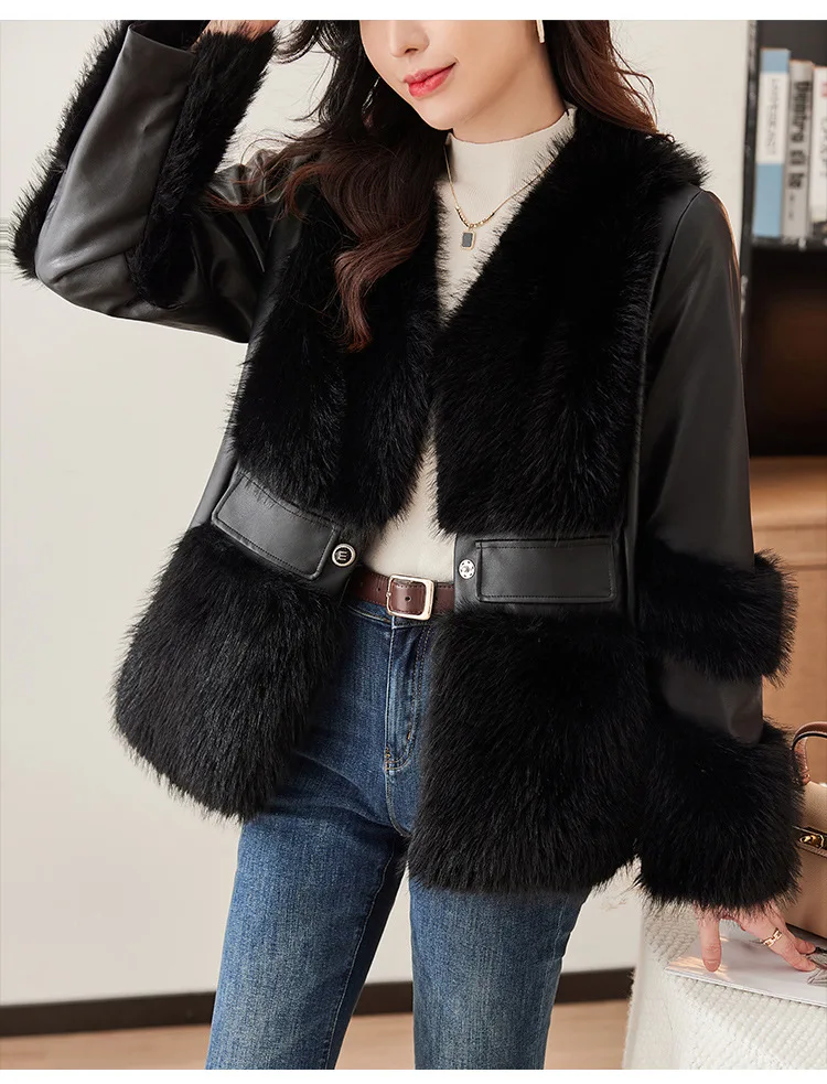 Elegant Women Fox Fur Collar Short Coat PU Leather Faux Fur Jacket