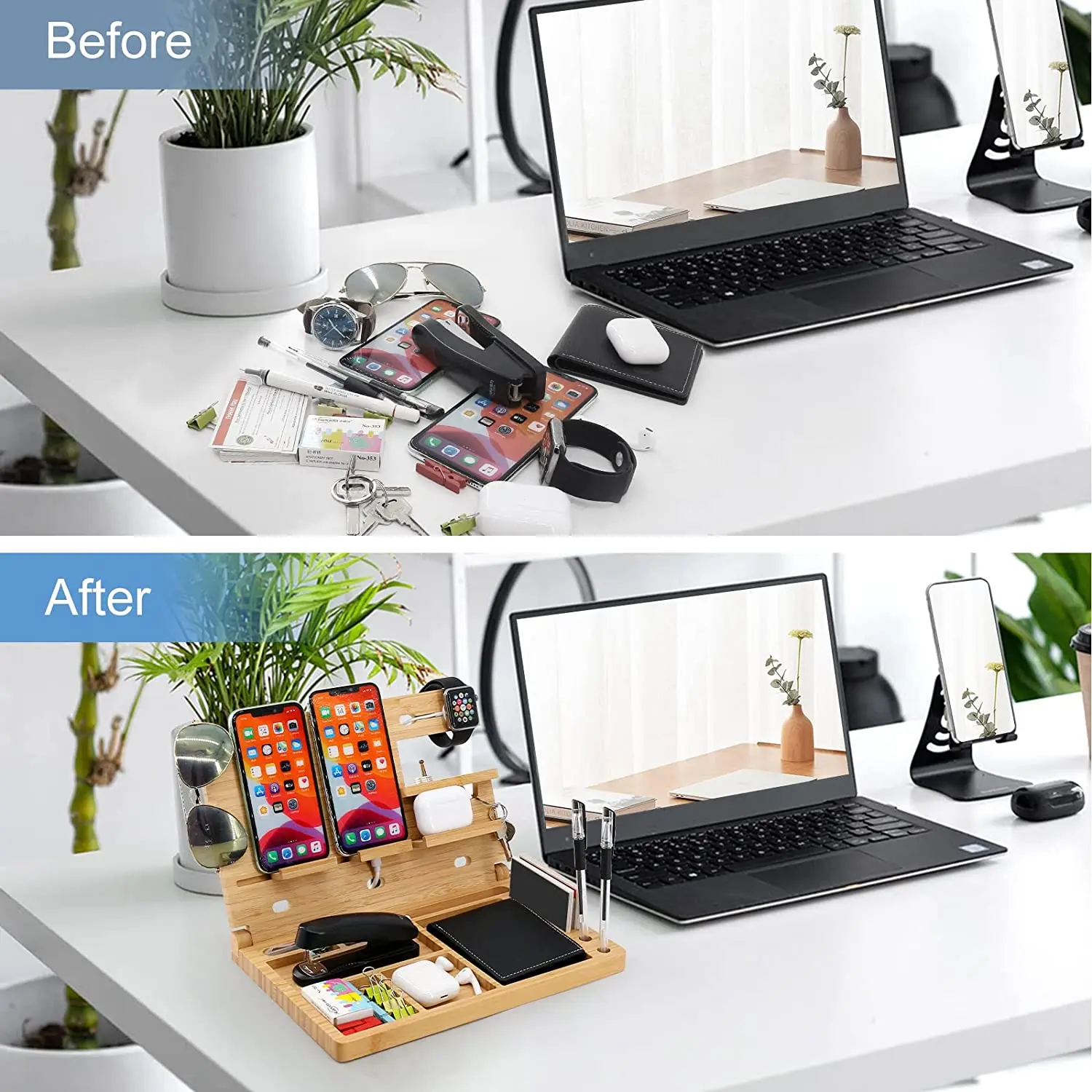 Bamboo Office Desk Organizer Wood Docking Holder Station For Phone Stand