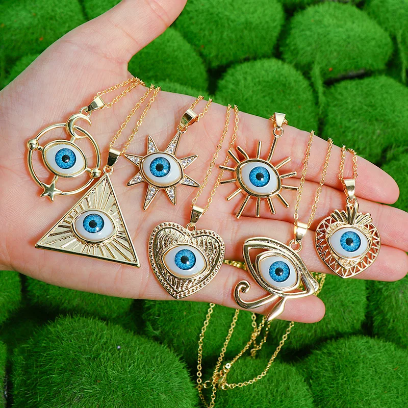 Multi Designs 18k Gold Plated Blue Turkish Eye Pendant Necklace Geometric Triangle Heart Evil Eyes Necklace