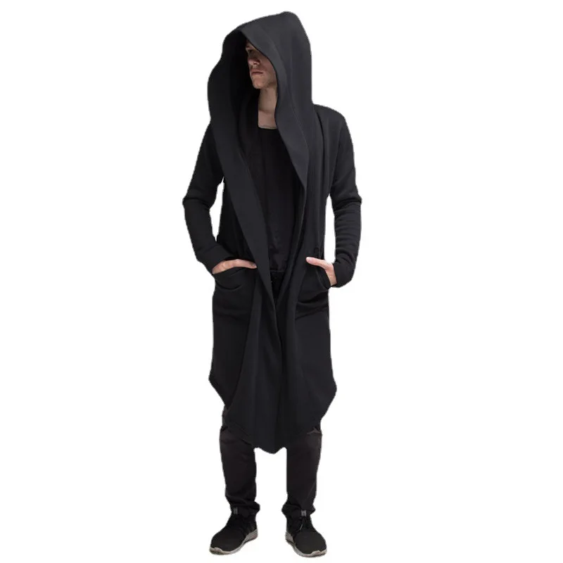 Men Hooded Sweatshirts Black Hoodies Fashion Jacket long Sleeves Cloak Coats Outwear Medieval Costume