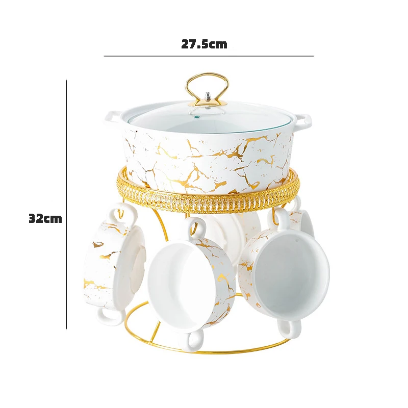 Черно-белые и мраморные золотые суповые горшки с небольшими мисками для обслуживания 6 набор посуды тушеной крышкой