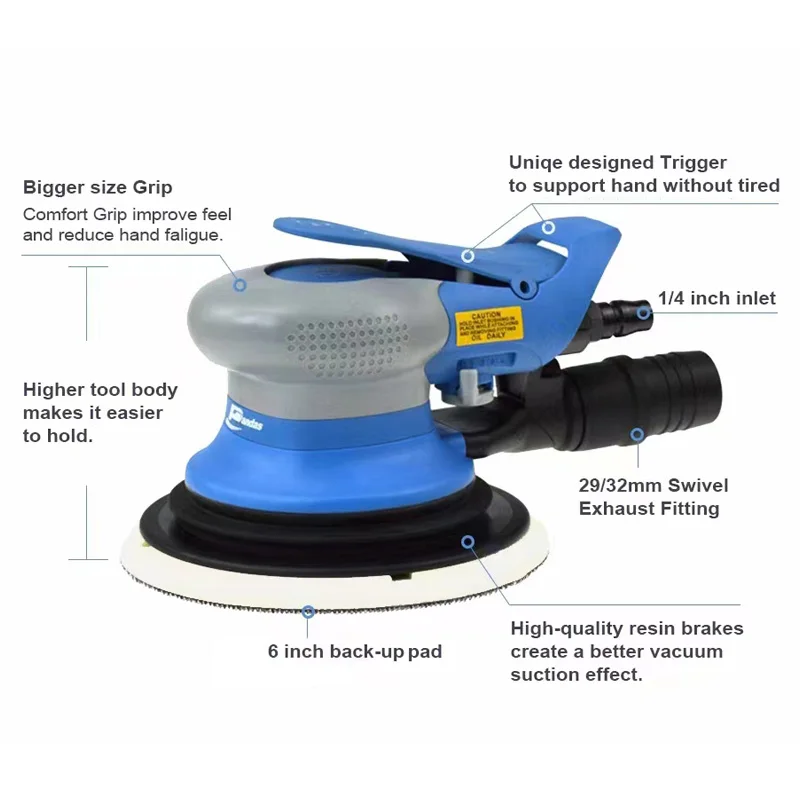 Pneumatic Dry Grinder 6 Inch 17 Hole PANDAS Sandpaper Machine Sander Head Disc Car Polishing Rust Removal 12000 RPM