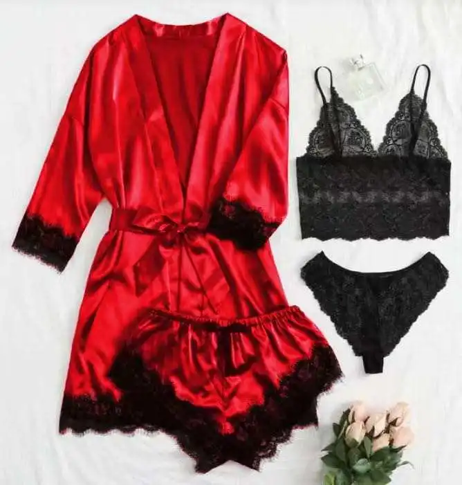Exotic Sets Silk Satin Kimono women sleepwear Lingerie Sleepwear