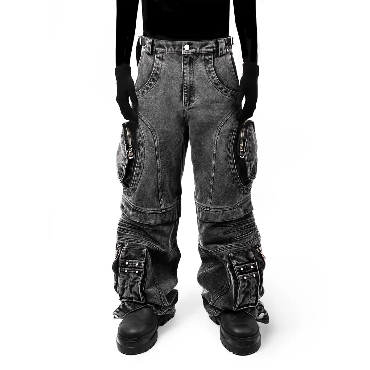 Custom fashion retro OEM/ODM cargo style multi-pocket jeans wide leg washed three-dimensional cut trousers casual denim pants