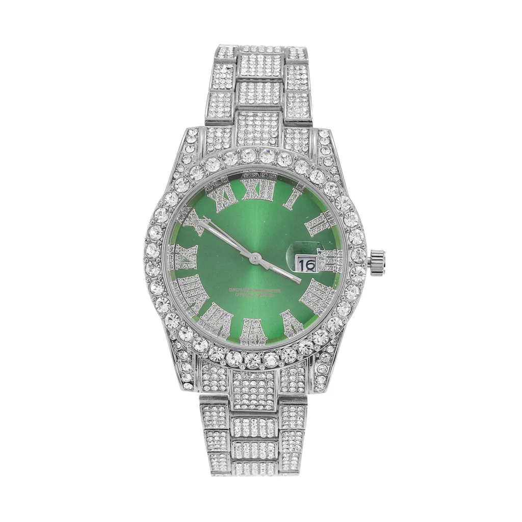 Watch bling diamanty z nerezove oceli rimske cislice 44MM kulaty cifernik quartz hodinky