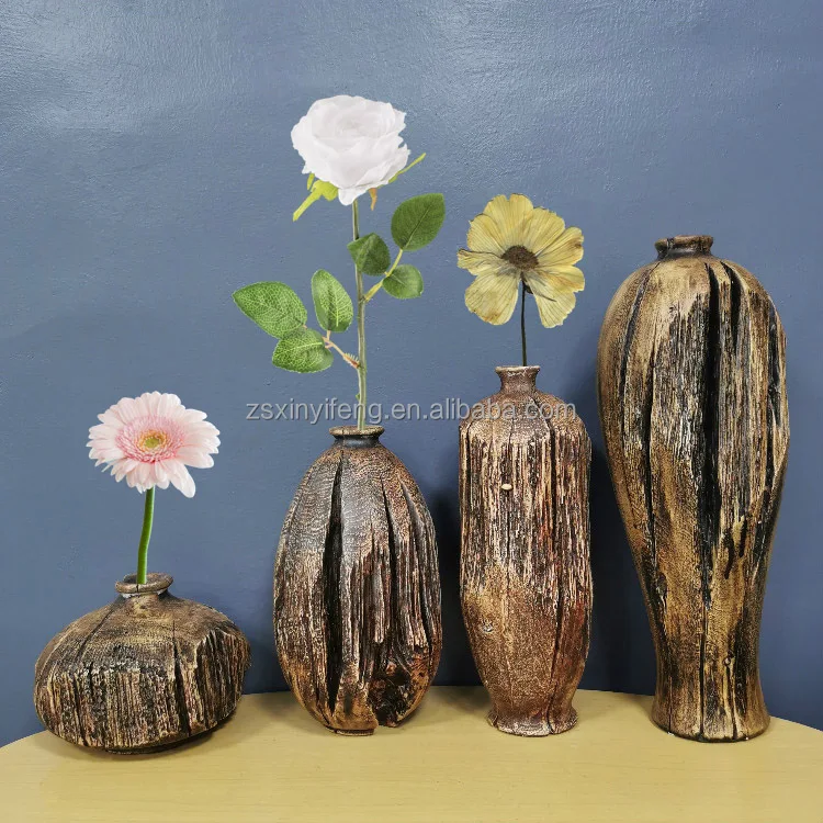 Handwork Wooden Vase For Home Decoration Polyresin Antique Imitation Shape Tree Line Surface Creative Flower Vase