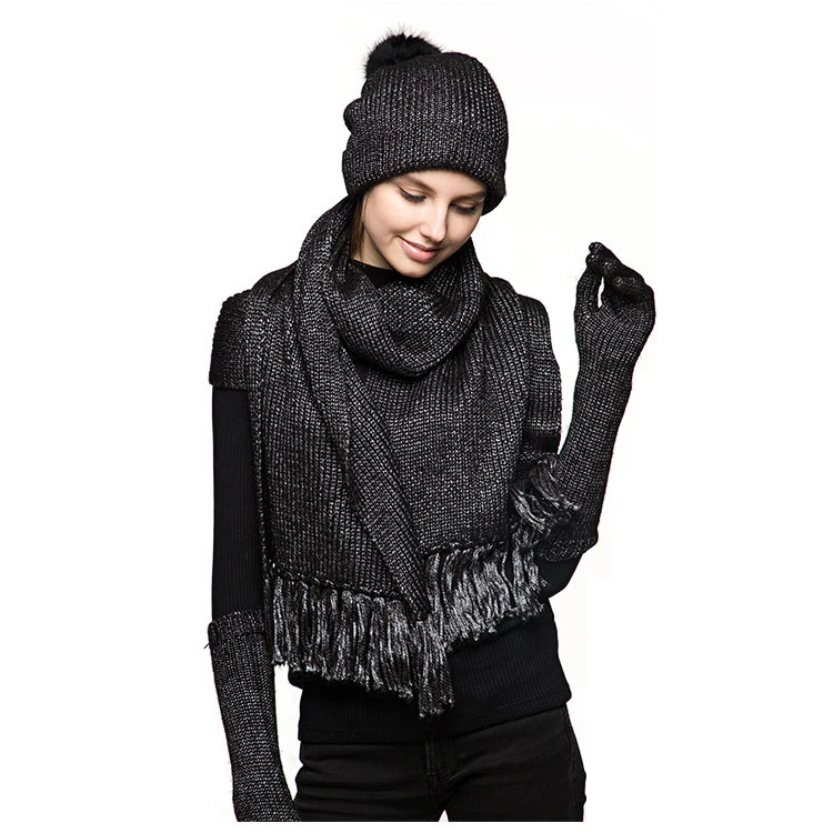 Wholesale Women Custo Experience Fashion New Knitted Cashmere Black Gloves Scarf Hat Set