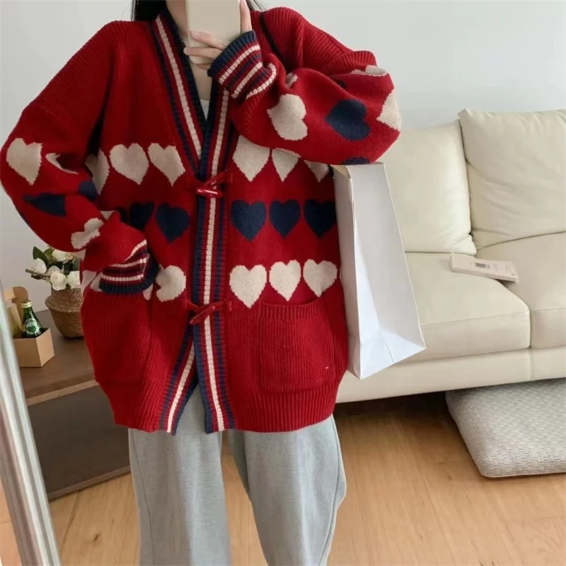 Heart pattern jacquard knitted sweater cardigans top for women casual loose v neck horn button pocket coat