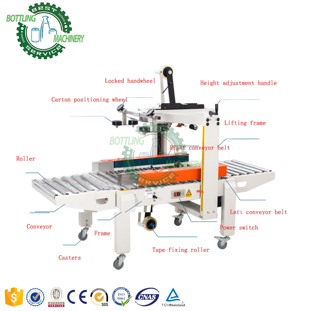 Durable automatic continuous cover blade folding width height adjustable case box carton sealer machine with roller conveyor