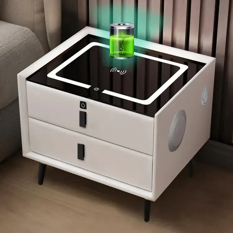 modern smart night stand with LED USB wireless charging fingerprint unlock plug base bedroom bedside table rock play music