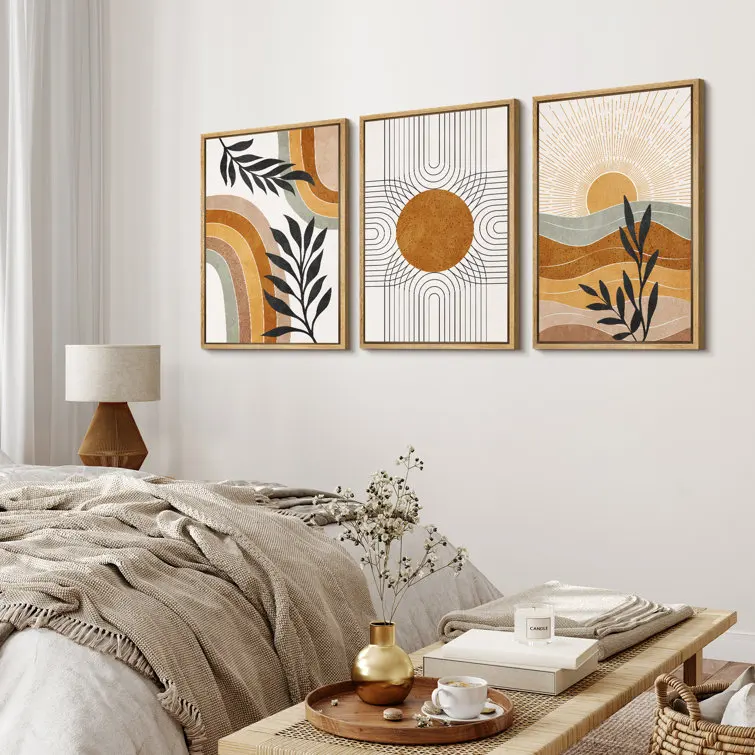 JIEKAI  Mid Century Modern Boho Brown Abstract Sun Tropical Plant - Framed 3 Piece Set Canvas Print Picture  Minimalism