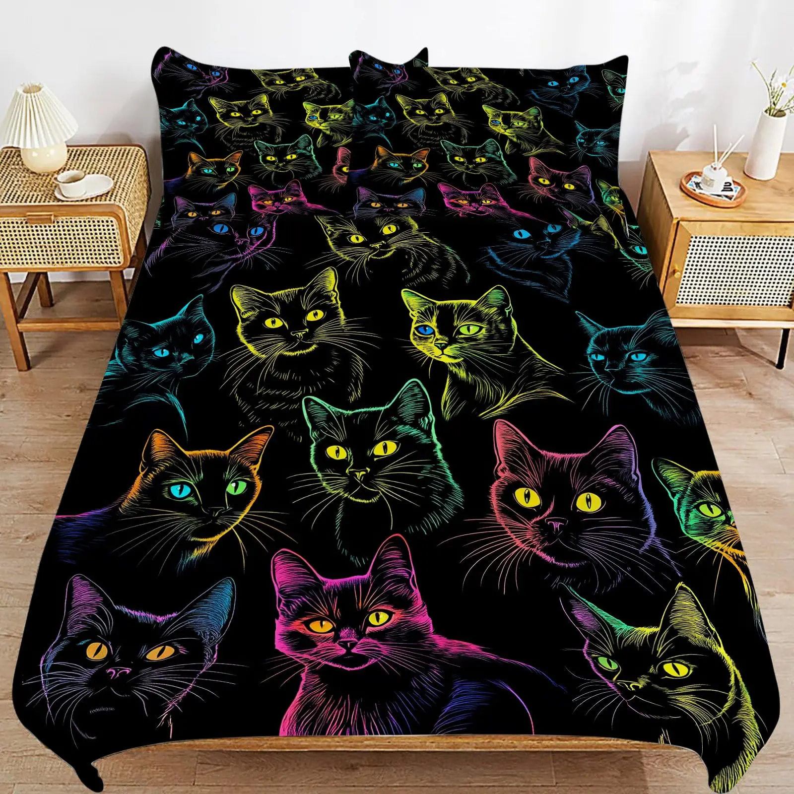 Black Cat Comforter Set Funny Kitten Bedding Set Cat Gifts for Lover, Cat Print Comforter Cover Decor Set