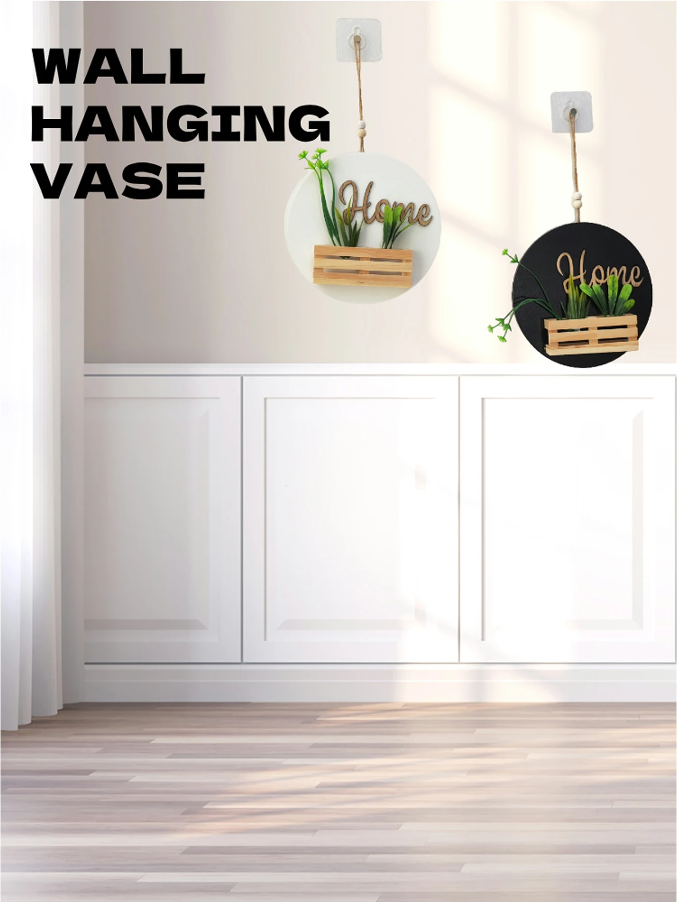 Wooden wall hanging mounted vase with simulated plant home abstract and minimalist natural style home decor