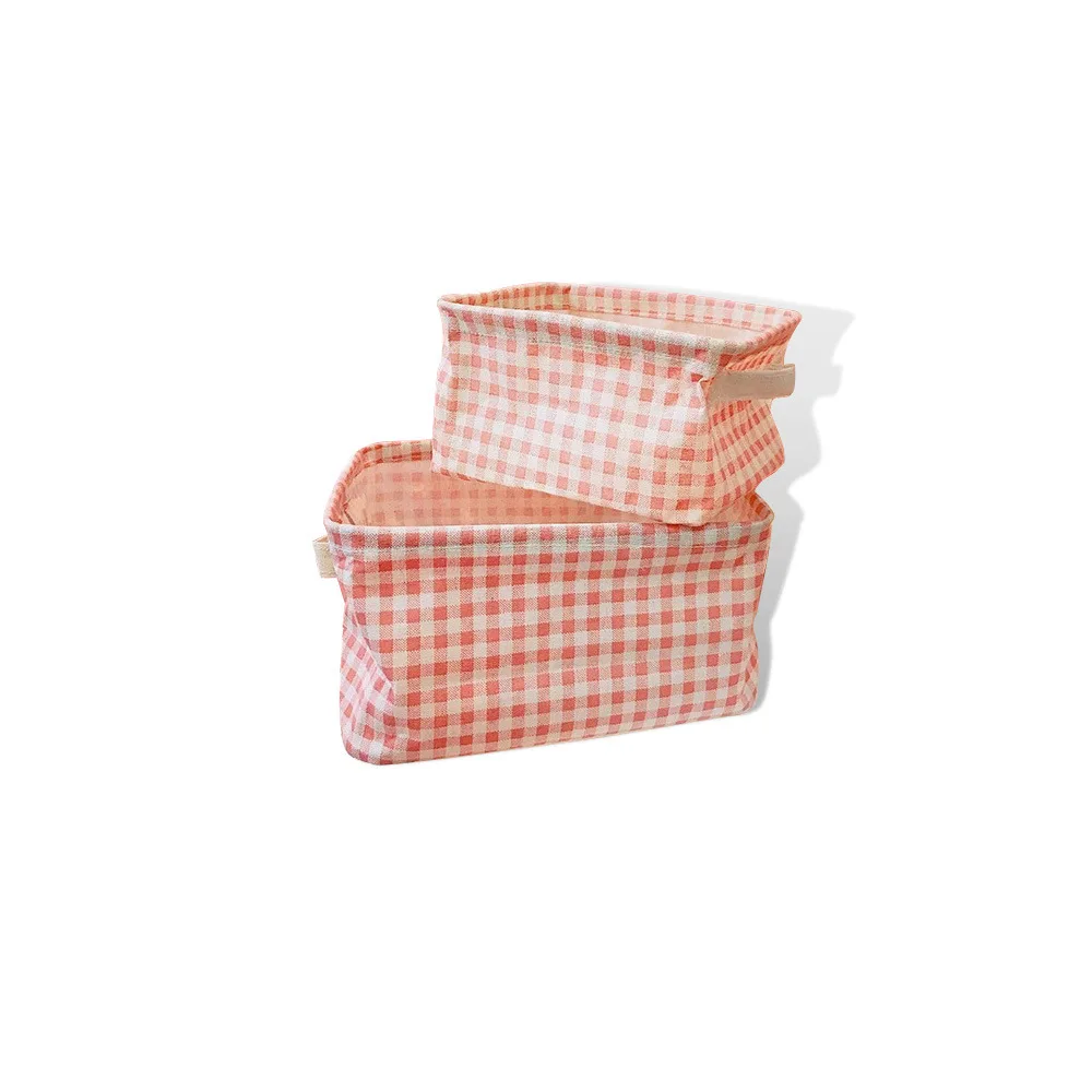 Girl lovely pink lattice home cotton linen fabric art storage basket cosmetics sundry storage basket desktop storage box